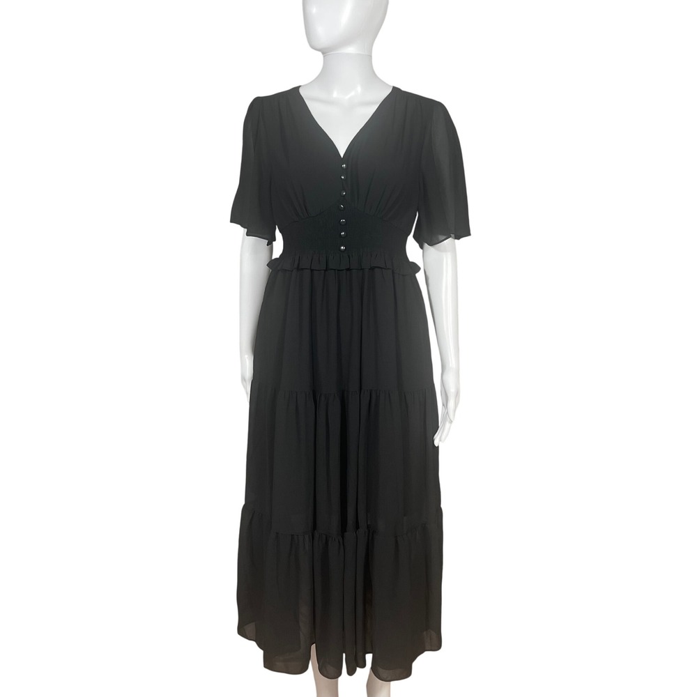 Black Tiered Midi Graduation Smocked Dress Peasant Whimsigoth Size M NEW